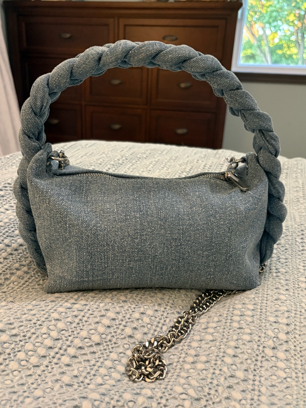 Urban Expressions Skylar Denim Crossbody Bag Braided Handle Detach Silver Chain